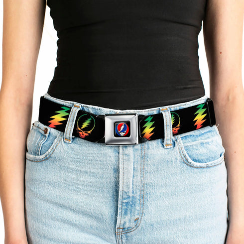 Grateful Dead - Steal Your Face Seatbelt Belt - Steal Your Face w/Lightning Bolt Repeat Black/Rasta Webbing - StealieShop