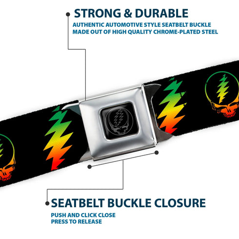 Grateful Dead - Steal Your Face Seatbelt Belt - Steal Your Face w/Lightning Bolt Repeat Black/Rasta Webbing - StealieShop