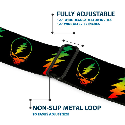 Grateful Dead - Steal Your Face Seatbelt Belt - Steal Your Face w/Lightning Bolt Repeat Black/Rasta Webbing - StealieShop