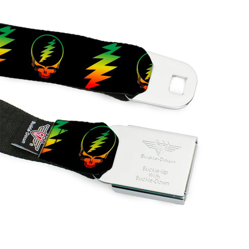 Grateful Dead - Steal Your Face Seatbelt Belt - Steal Your Face w/Lightning Bolt Repeat Black/Rasta Webbing - StealieShop