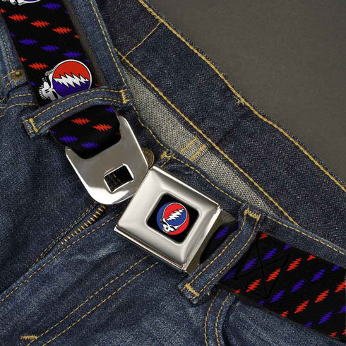 Grateful Dead - Steal Your Face Seatbelt Belt - Steal Your Face Repeat w/Mini Lightning Bolt Black/Red/White/Blue Webbing - StealieShop