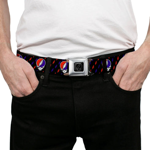 Grateful Dead - Steal Your Face Seatbelt Belt - Steal Your Face Repeat w/Mini Lightning Bolt Black/Red/White/Blue Webbing - StealieShop