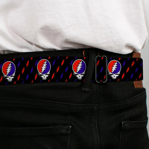 Grateful Dead - Steal Your Face Seatbelt Belt - Steal Your Face Repeat w/Mini Lightning Bolt Black/Red/White/Blue Webbing - StealieShop