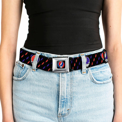 Grateful Dead - Steal Your Face Seatbelt Belt - Steal Your Face Repeat w/Mini Lightning Bolt Black/Red/White/Blue Webbing - StealieShop