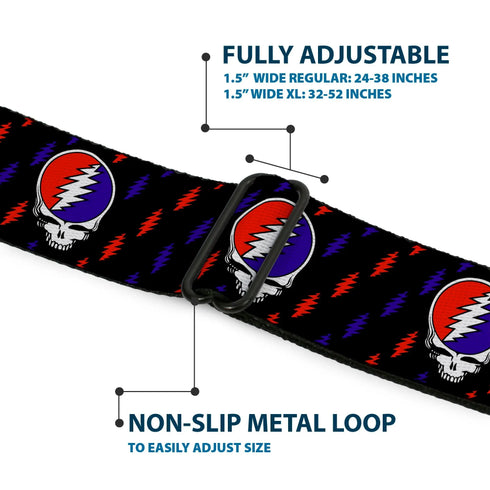 Grateful Dead - Steal Your Face Seatbelt Belt - Steal Your Face Repeat w/Mini Lightning Bolt Black/Red/White/Blue Webbing - StealieShop