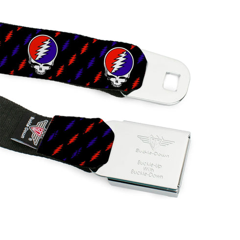 Grateful Dead - Steal Your Face Seatbelt Belt - Steal Your Face Repeat w/Mini Lightning Bolt Black/Red/White/Blue Webbing - StealieShop