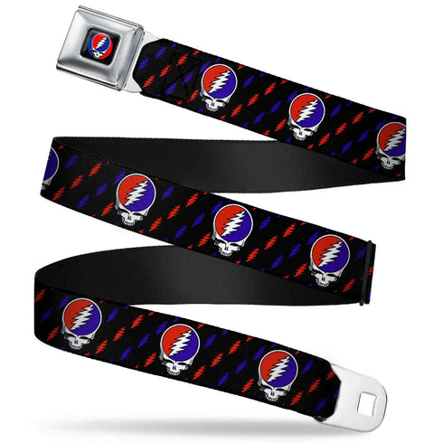 Grateful Dead - Steal Your Face Seatbelt Belt - Steal Your Face Repeat w/Mini Lightning Bolt Black/Red/White/Blue Webbing - StealieShop