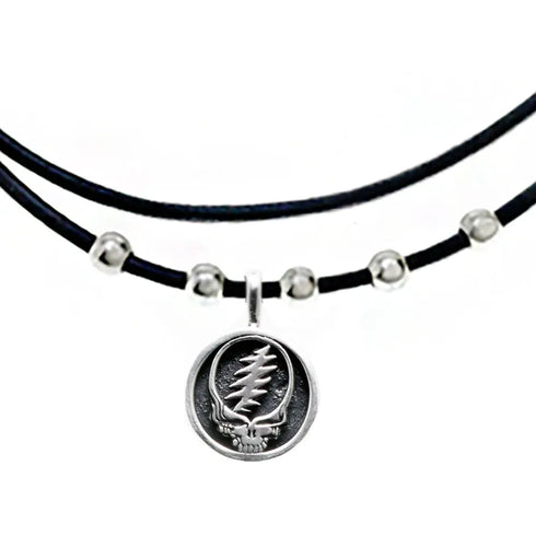 Grateful Dead - Steal Your Face Sterling Silver Beads & Thin Leather Necklace - StealieShop