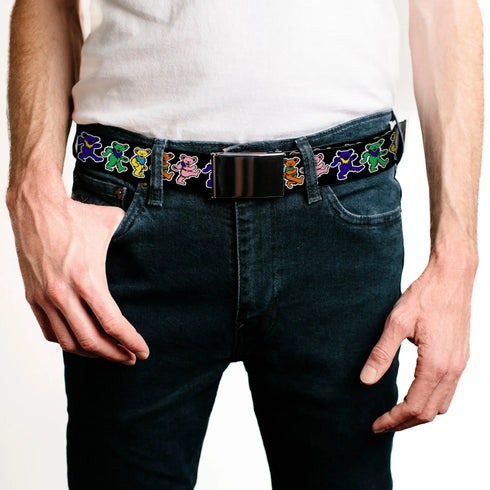 Grateful Dead - Black Buckle Web Belt - Dancing Bears Black/Multi Color Webbing - StealieShop