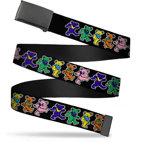 Grateful Dead - Black Buckle Web Belt - Dancing Bears Black/Multi Color Webbing - StealieShop