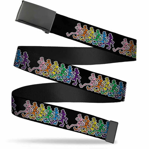Grateful Dead - Black Buckle Web Belt - Dancing Skeletons Black/Multi Color Webbing - StealieShop