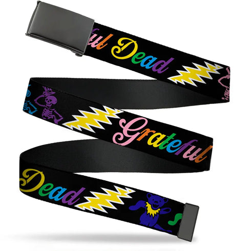 Grateful Dead - Black Buckle Web Belt - Grateful Dead Script w/Bears & Skeletons Black/Multi Color Webbing - StealieShop