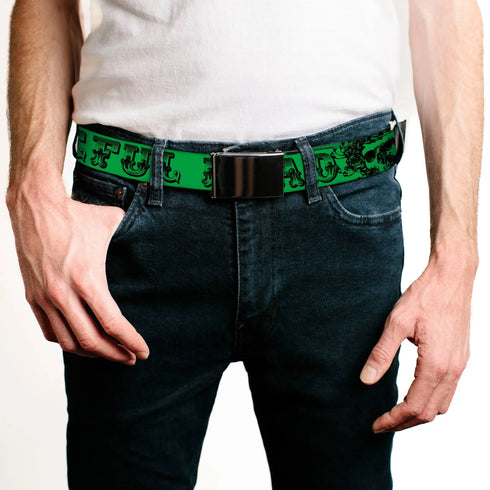 Grateful Dead - Black Buckle Web Belt - Grateful Dead Text w/Skull & Roses Green Webbing - StealieShop