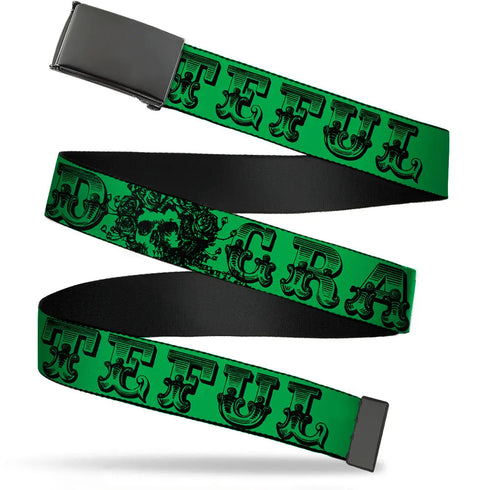 Grateful Dead - Black Buckle Web Belt - Grateful Dead Text w/Skull & Roses Green Webbing - StealieShop