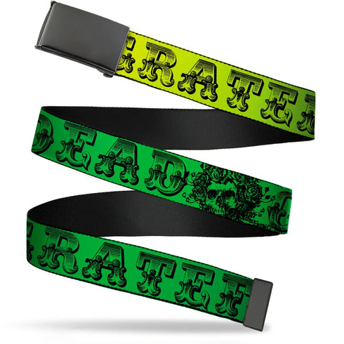 Grateful Dead - Black Buckle Web Belt - Grateful Dead Text w/Skull & Roses Rainbow Fade Webbing - StealieShop