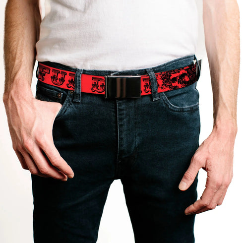 Grateful Dead - Black Buckle Web Belt - Grateful Dead Text w/Skull & Roses Red Webbing - StealieShop