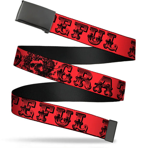Grateful Dead - Black Buckle Web Belt - Grateful Dead Text w/Skull & Roses Red Webbing - StealieShop