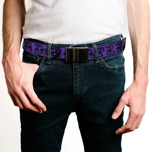 Grateful Dead - Black Buckle Web Belt - Grateful Dead Text w/Skull & Roses Purple Webbing - StealieShop