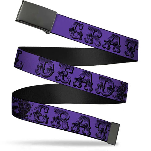 Grateful Dead - Black Buckle Web Belt - Grateful Dead Text w/Skull & Roses Purple Webbing - StealieShop