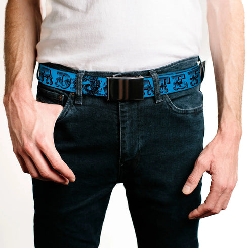 Grateful Dead - Black Buckle Web Belt - Grateful Dead Text w/Skull & Roses Turquoise Webbing - StealieShop