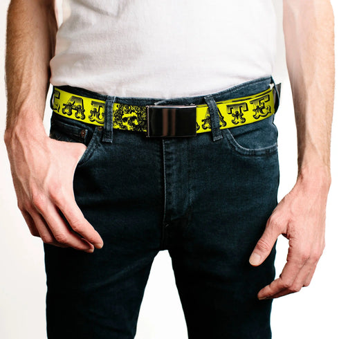 Grateful Dead - Black Buckle Web Belt - Grateful Dead Text w/Skull & Roses Yellow Webbing - StealieShop