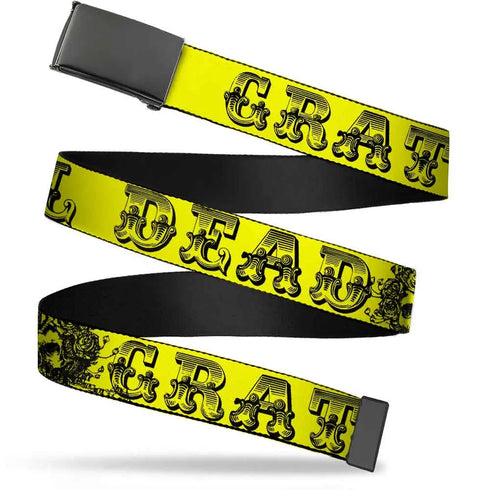 Grateful Dead - Black Buckle Web Belt - Grateful Dead Text w/Skull & Roses Yellow Webbing - StealieShop