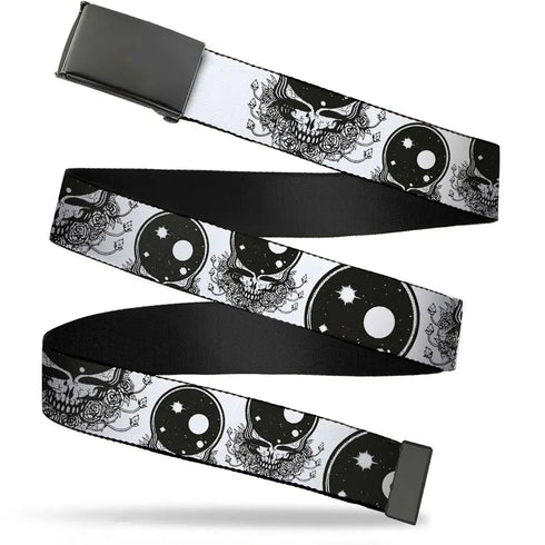 Grateful Dead - Black Buckle Web Belt - Space Your Face White/Black Webbing - StealieShop