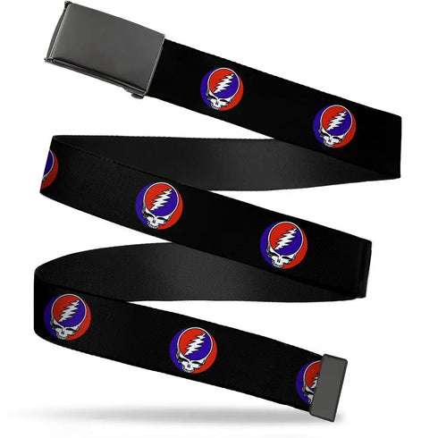 Grateful Dead - Black Buckle Web Belt - Steal Your Face Repeat Black/Color Webbing - StealieShop