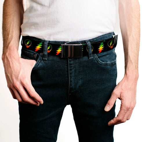 Grateful Dead - Black Buckle Web Belt - Steal Your Face w/Lightning Bolt Repeat Black/Rasta Webbing - StealieShop