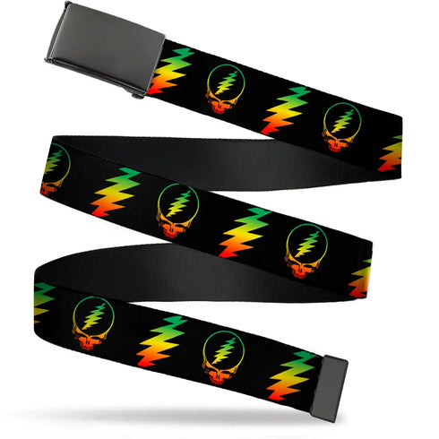 Grateful Dead - Black Buckle Web Belt - Steal Your Face w/Lightning Bolt Repeat Black/Rasta Webbing - StealieShop