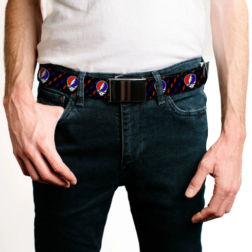 Grateful Dead - Black Buckle Web Belt - Steal Your Face Repeat w/Mini Lightning Bolt Black/Red/White/Blue Webbing - StealieShop