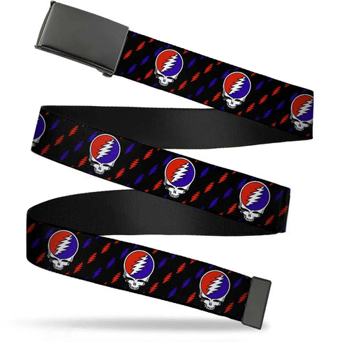 Grateful Dead - Black Buckle Web Belt - Steal Your Face Repeat w/Mini Lightning Bolt Black/Red/White/Blue Webbing - StealieShop