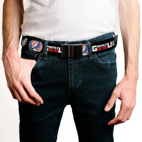 Grateful Dead - Web Belt Blank Black Buckle - GRATEFUL DEAD Text with Steal Your Face Stars and Stripes Logo Black/White/Red/Blue Webbing - StealieShop