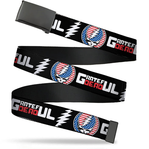 Grateful Dead - Web Belt Blank Black Buckle - GRATEFUL DEAD Text with Steal Your Face Stars and Stripes Logo Black/White/Red/Blue Webbing - StealieShop