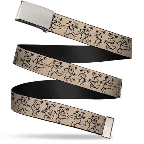 Grateful Dead - Chrome Buckle Web Belt - Dancing Bears Hemp/Black Webbing - StealieShop