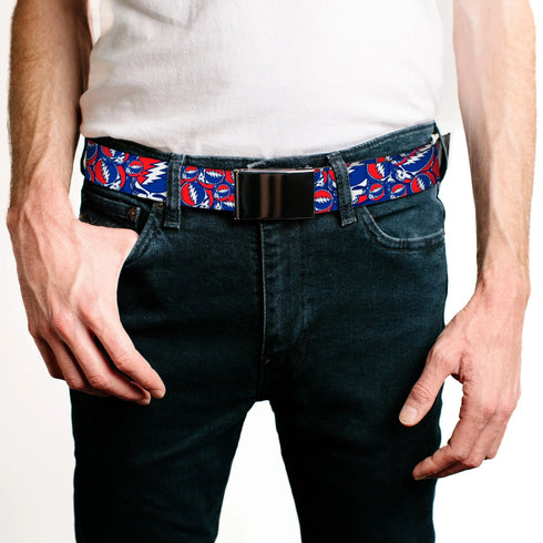 Grateful Dead - Chrome Buckle Web Belt - Steal Your Face Stacked Red/White/Blue Webbing - StealieShop