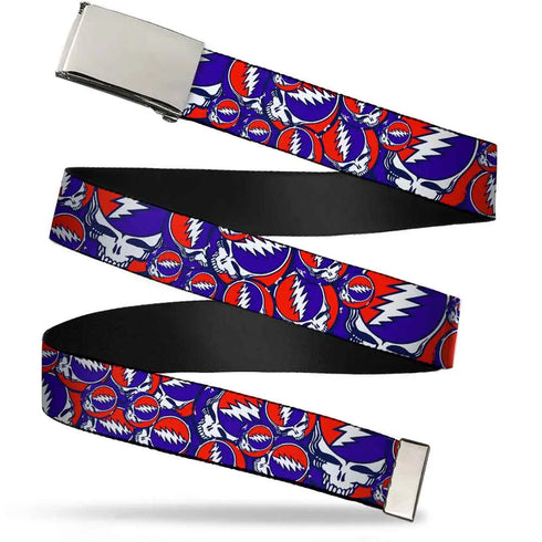 Grateful Dead - Chrome Buckle Web Belt - Steal Your Face Stacked Red/White/Blue Webbing - StealieShop