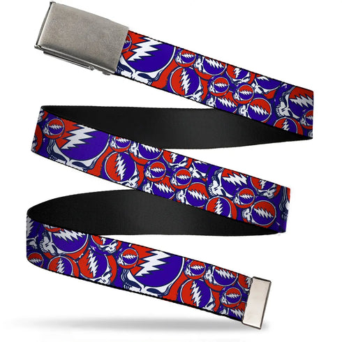 Grateful Dead - Web Belt Blank Matte Buckle - Steal Your Face Stacked Red/White/Blue Webbing - StealieShop