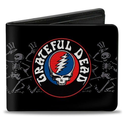 Grateful Dead - Bi-Fold Wallet - GRATEFUL DEAD Steal Your Face Logo Dancing Skeletons Black Gray Red White Blue - StealieShop