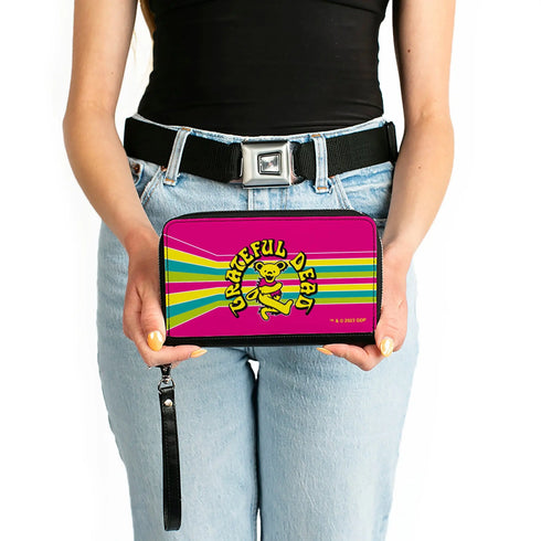 Grateful Dead - PU Zip Around Wallet Rectangle - GRATEFUL DEAD Dancing Bear Icon Stripe Pink/Multi Color/Black - StealieShop