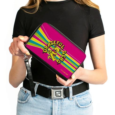 Grateful Dead - PU Zip Around Wallet Rectangle - GRATEFUL DEAD Dancing Bear Icon Stripe Pink/Multi Color/Black - StealieShop