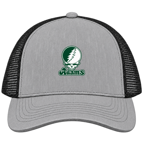 Adams Stealie Premium Unisex Trucker Cap — Design: Adams State University — Heather Grey/Black
