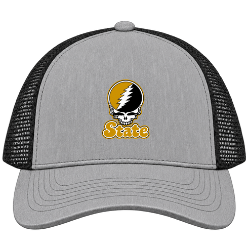 Alabama Stealie Premium Unisex Trucker Cap — Design: Alabama State University — Heather Grey/Black
