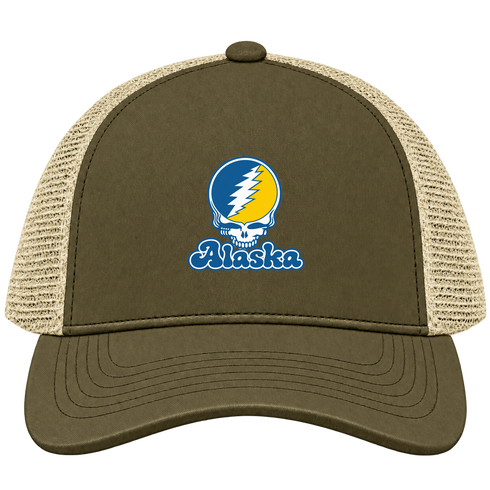 Alaska Stealie Premium Unisex Trucker Cap — Design: Alaska Fairbanks University of — Moss/Khaki