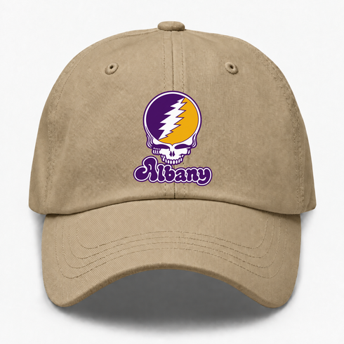 Albany Stealie Premium Unisex Dad Hat — Design: Albany University at — Khaki