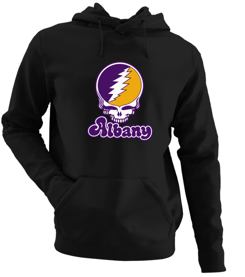 Albany Stealie Premium Unisex Hoodie — Design: Albany University at — Black