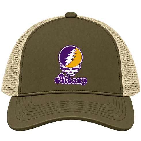 Albany Stealie Premium Unisex Trucker Cap — Design: Albany University at — Moss/Khaki