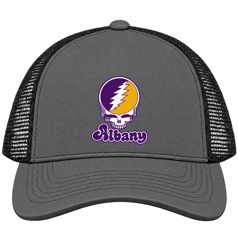 Albany Stealie Premium Unisex Trucker Cap — Design: Albany University at — Charcoal/Black