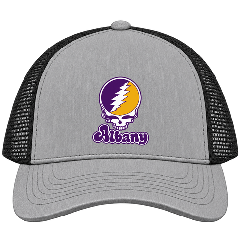 Albany Stealie Premium Unisex Trucker Cap — Design: Albany University at — Heather Grey/Black