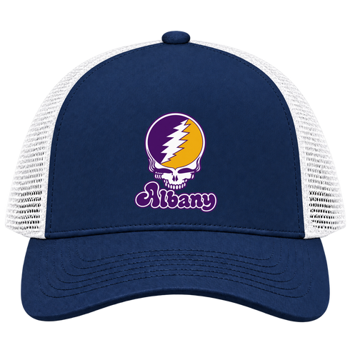 Albany Stealie Premium Unisex Trucker Cap — Design: Albany University at — Navy/White